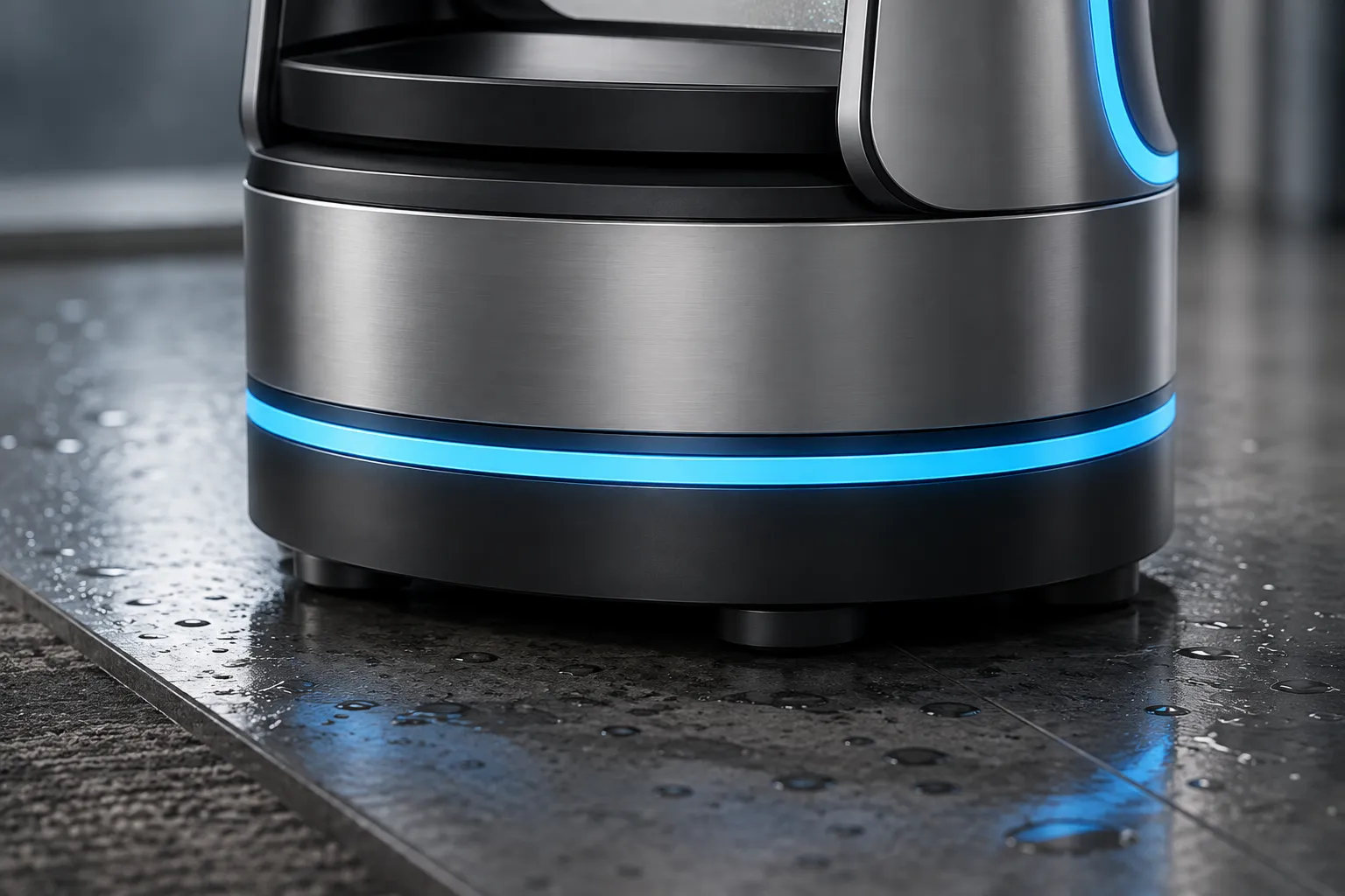 Close-up of the robot base with its enclosed wheels on a wet floor